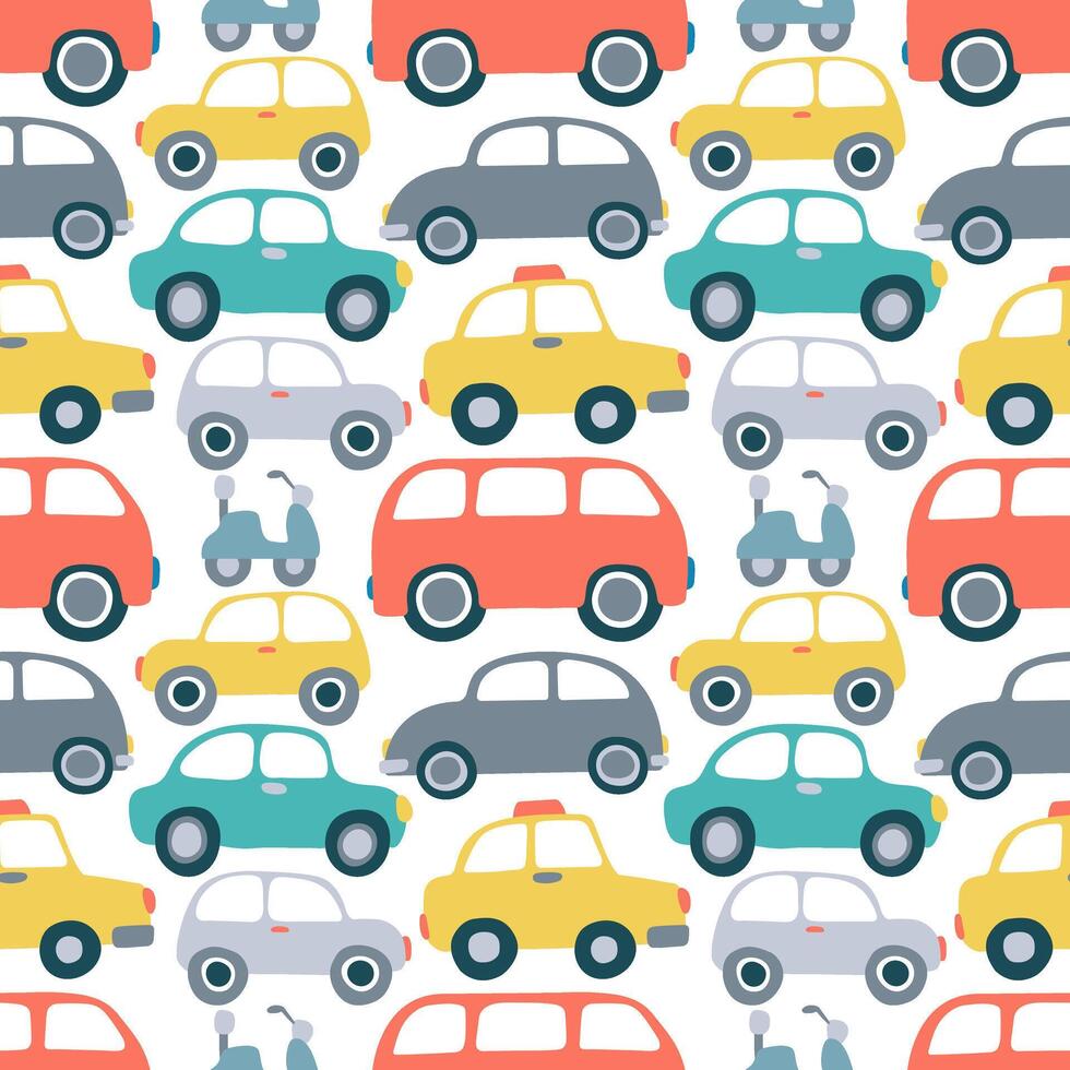 cars seamless pattern on white background. Flat transport pattern in childish style vector