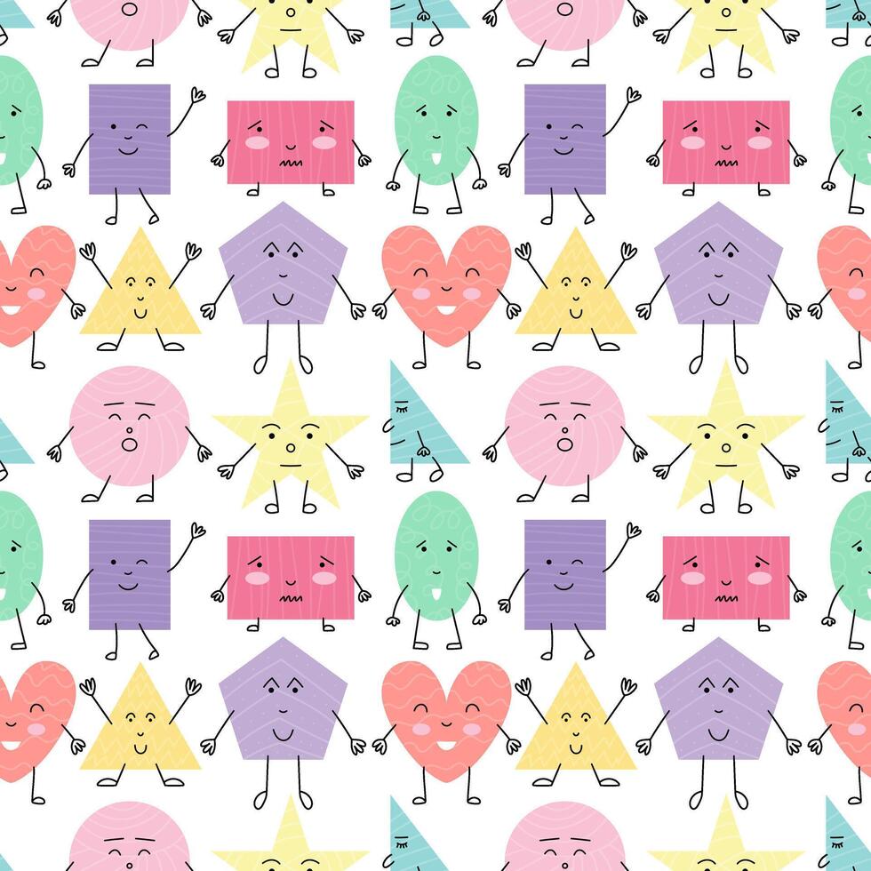 Cute shapes characters flat style seamless pattern. Heart, star, polygon, circle, triangle and rectangle shapes with eyes and mouth pattern vector