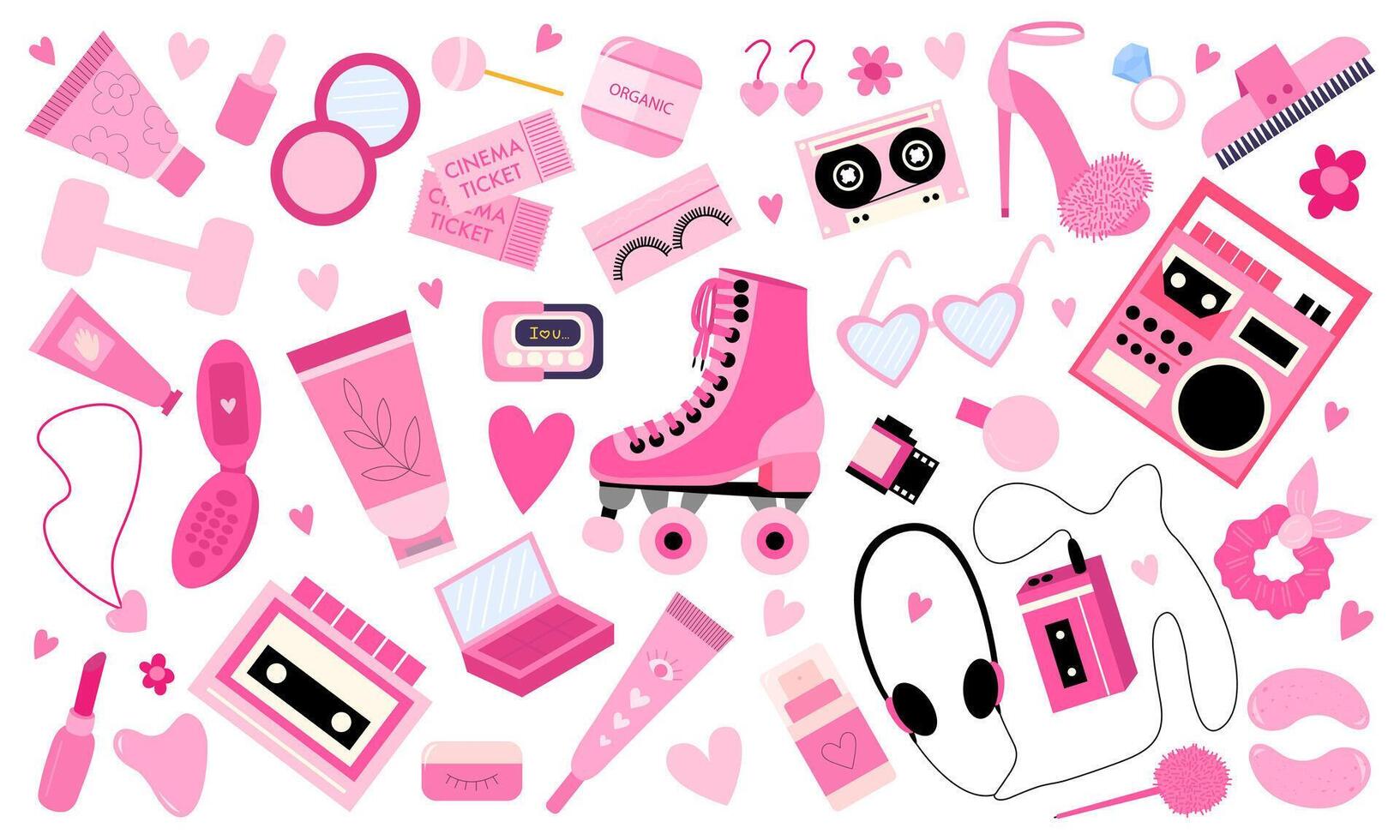 Pink 90s girl vintage flat set. Set of retro colorful elements 80s 90s in pink colours for stickers and posters vector