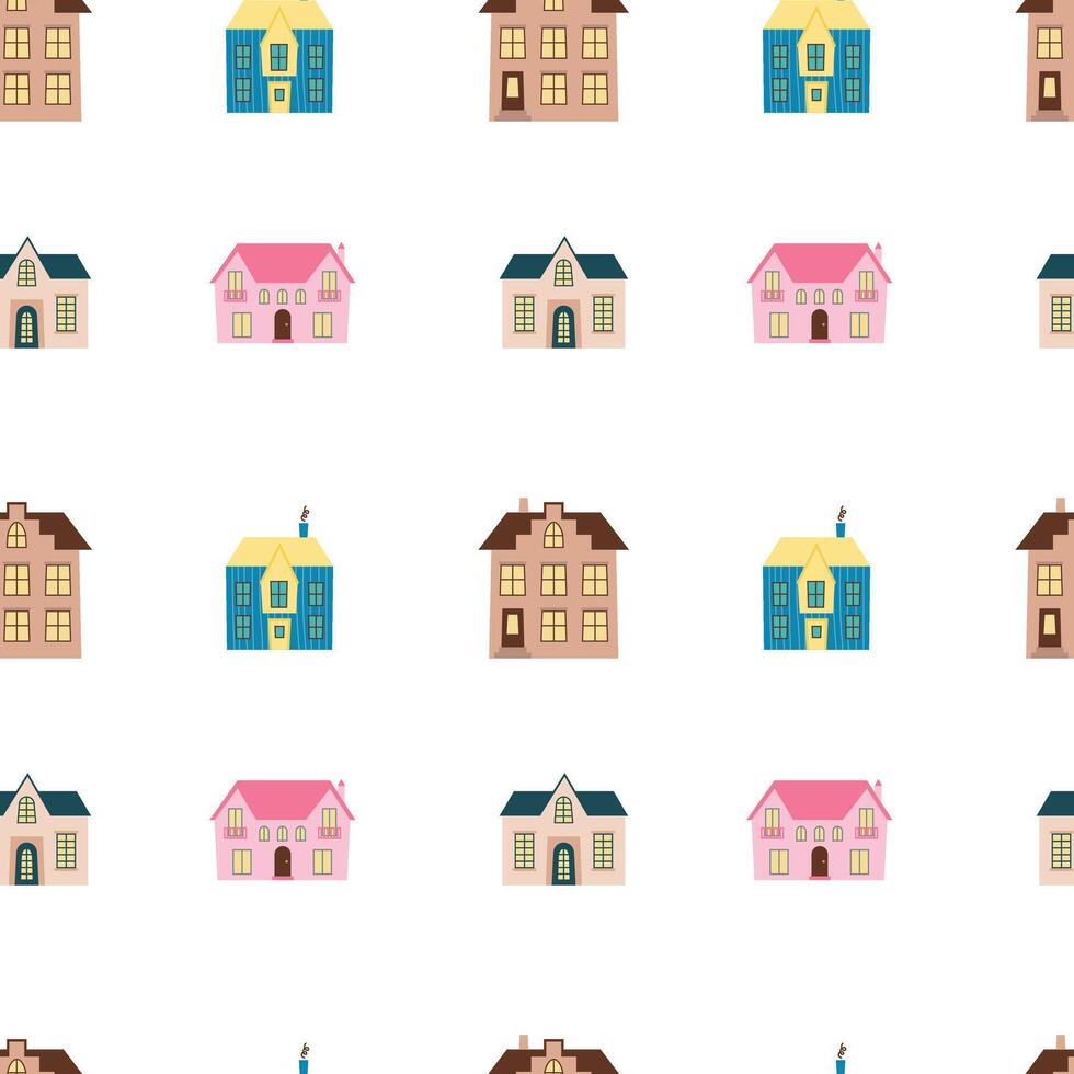 Cute flat houses seamless pattern on white background. Different town houses seamless pattern vector