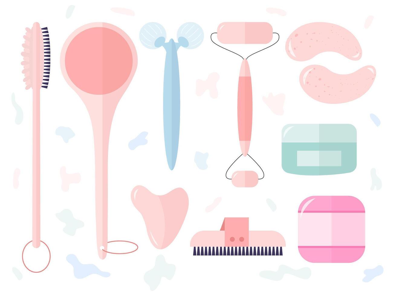 Set of anti cellulite skin care items in flat style. Massage brushes for face and body set. Eyes patches, gua sha massager, face roller. vector