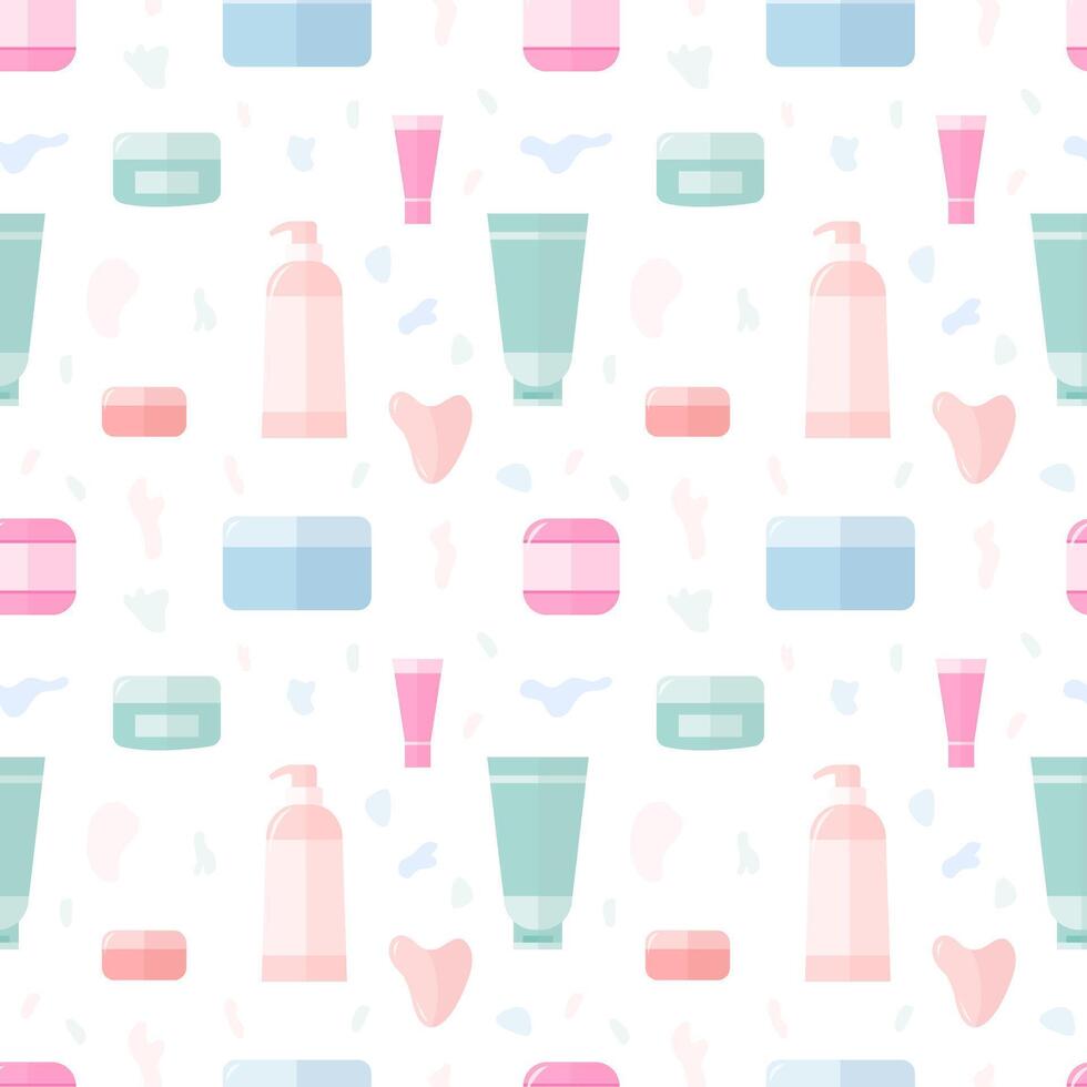 Skin care organic cream tubes and bottles seamless pattern vector