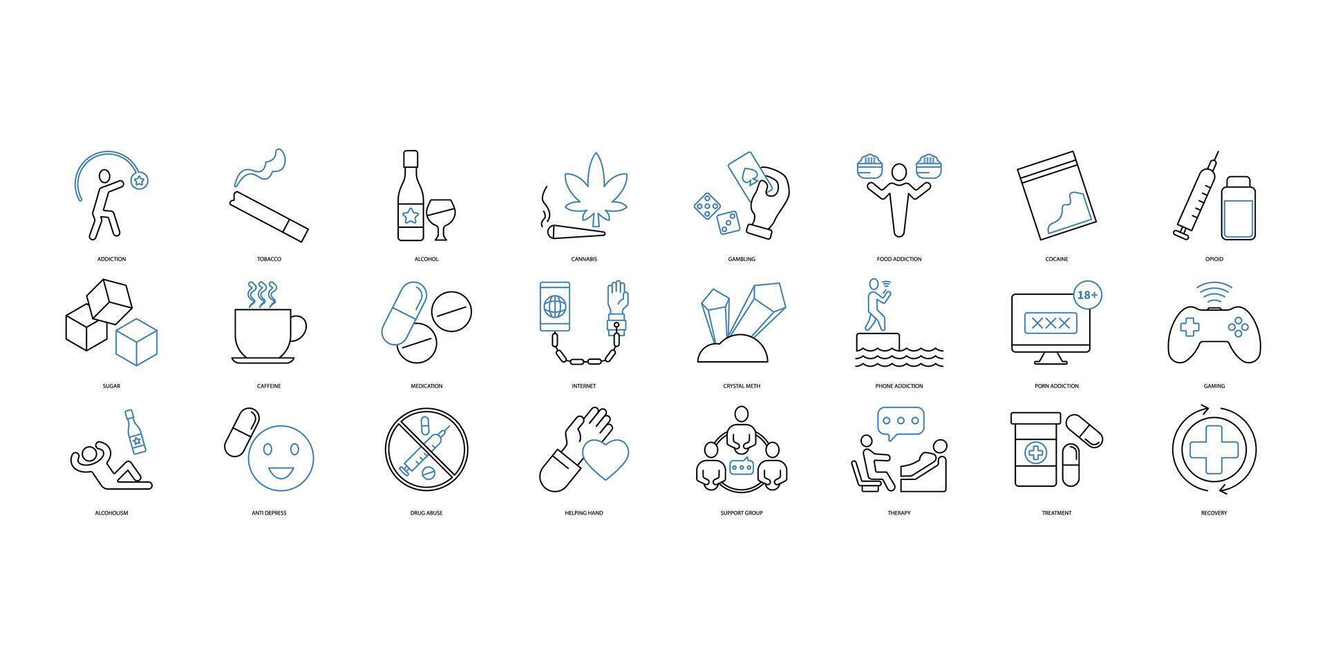 Addiction icons set. Set of editable stroke icons.Set of Addiction vector