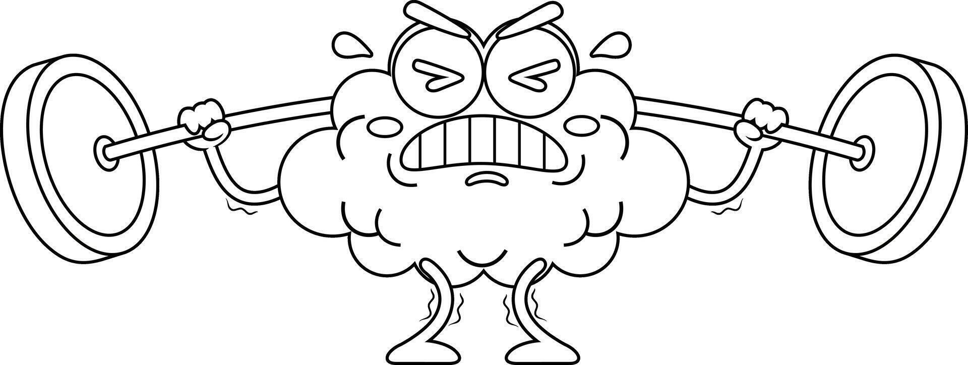 Outlined Funny Brain Cartoon Character Lifting Weights vector