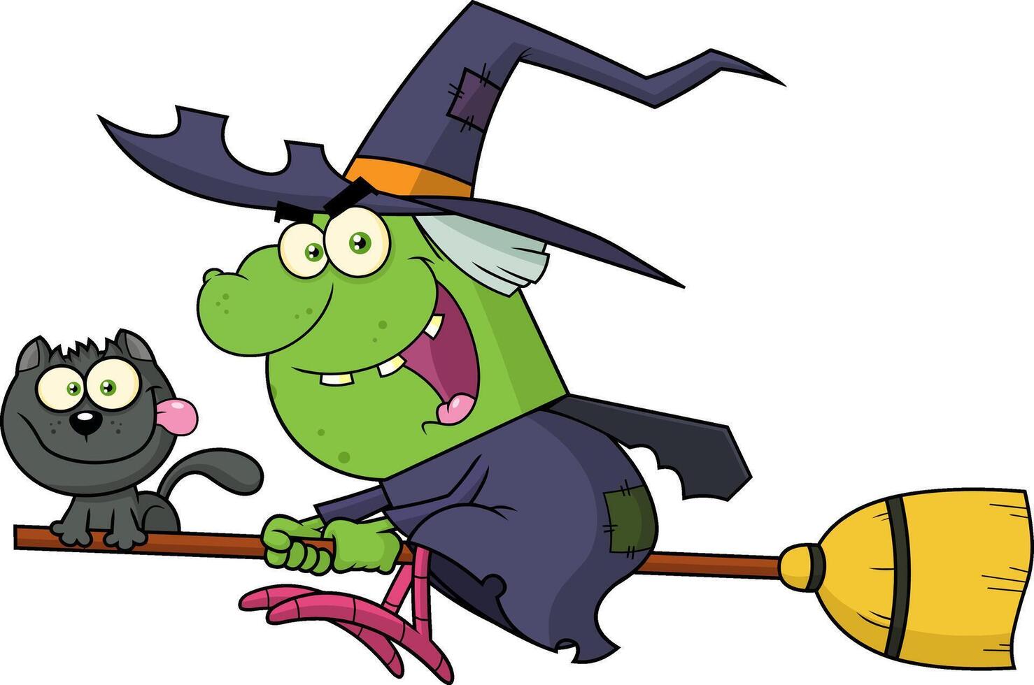 Ugly Witch And Cat Flying On A Broom Stick Cartoon Characters vector