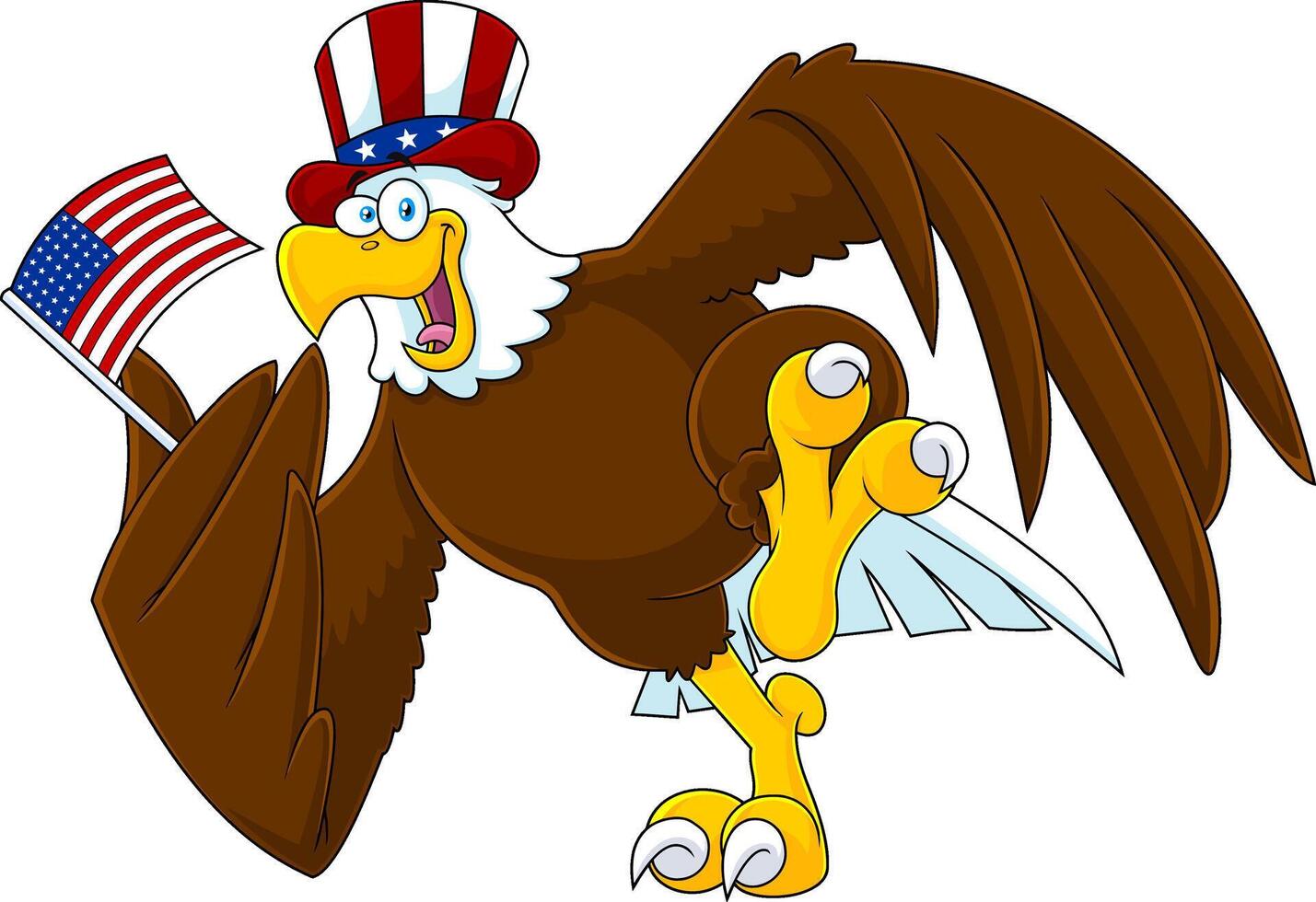 loco patriótico águila personaje vistiendo un Estados Unidos sombrero y ondulación un americano bandera vector