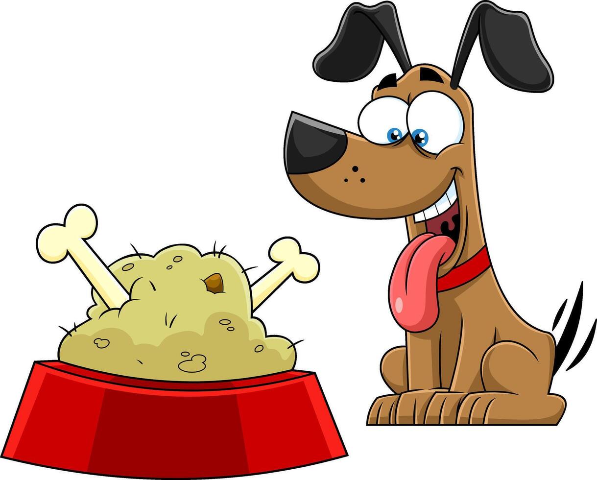 Happy Dog Cartoon Character With Bowl Food And Bones vector