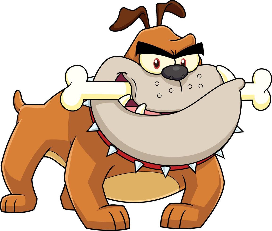 enojado buldog dibujos animados mascota personaje con un hueso en su boca vector