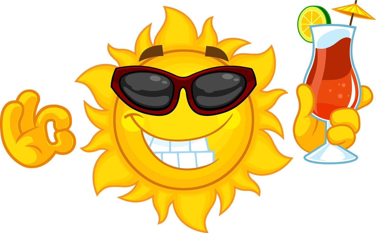 Smiling Sun Cartoon Character With Sunglasses And Summer Cocktail vector