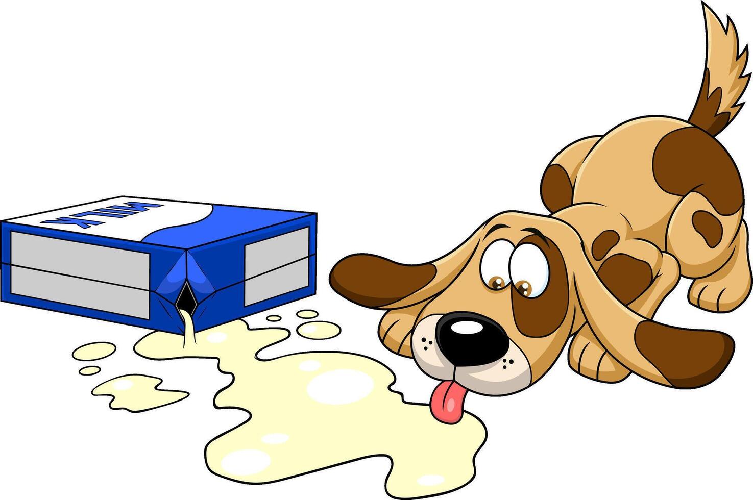 simpático perro dibujos animados personaje Bebiendo Leche desde roto caja vector