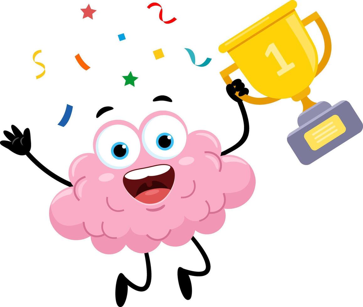 Happy Brain Cartoon Character Jumping Holding A Gold Cup Trophy vector