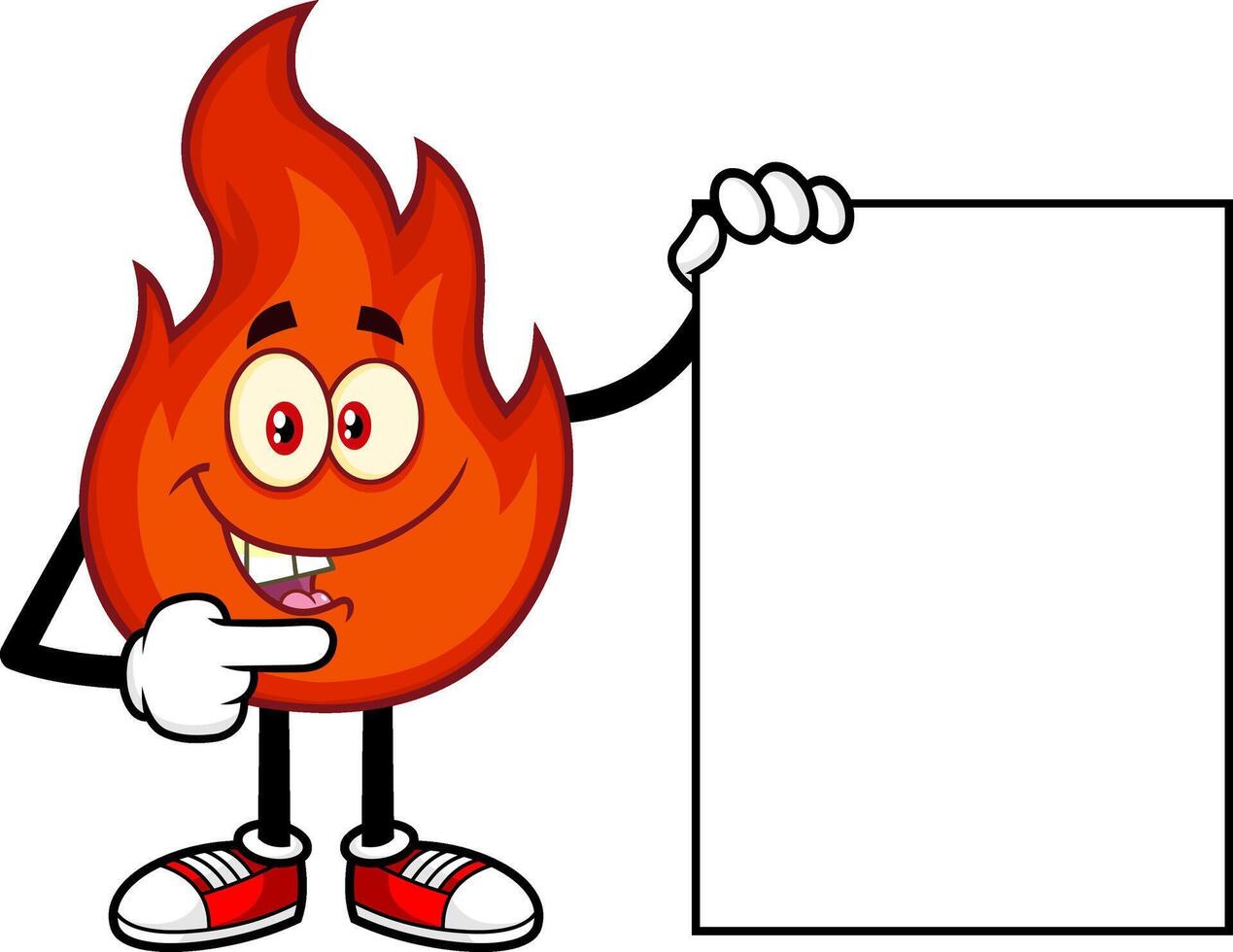 Funny Red Fire Cartoon Character Pointing To A Blank Sign vector