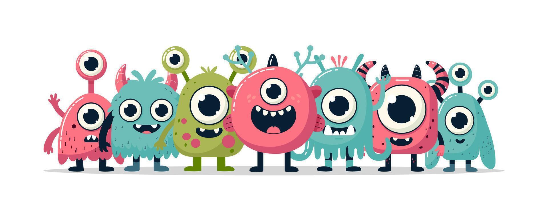 Multicolored cartoon monsters set with cheerful creatures for prints on clothing, book illustrations, childrens storybooks, educational posters. Cartoon monster collection with cute funny characters. vector