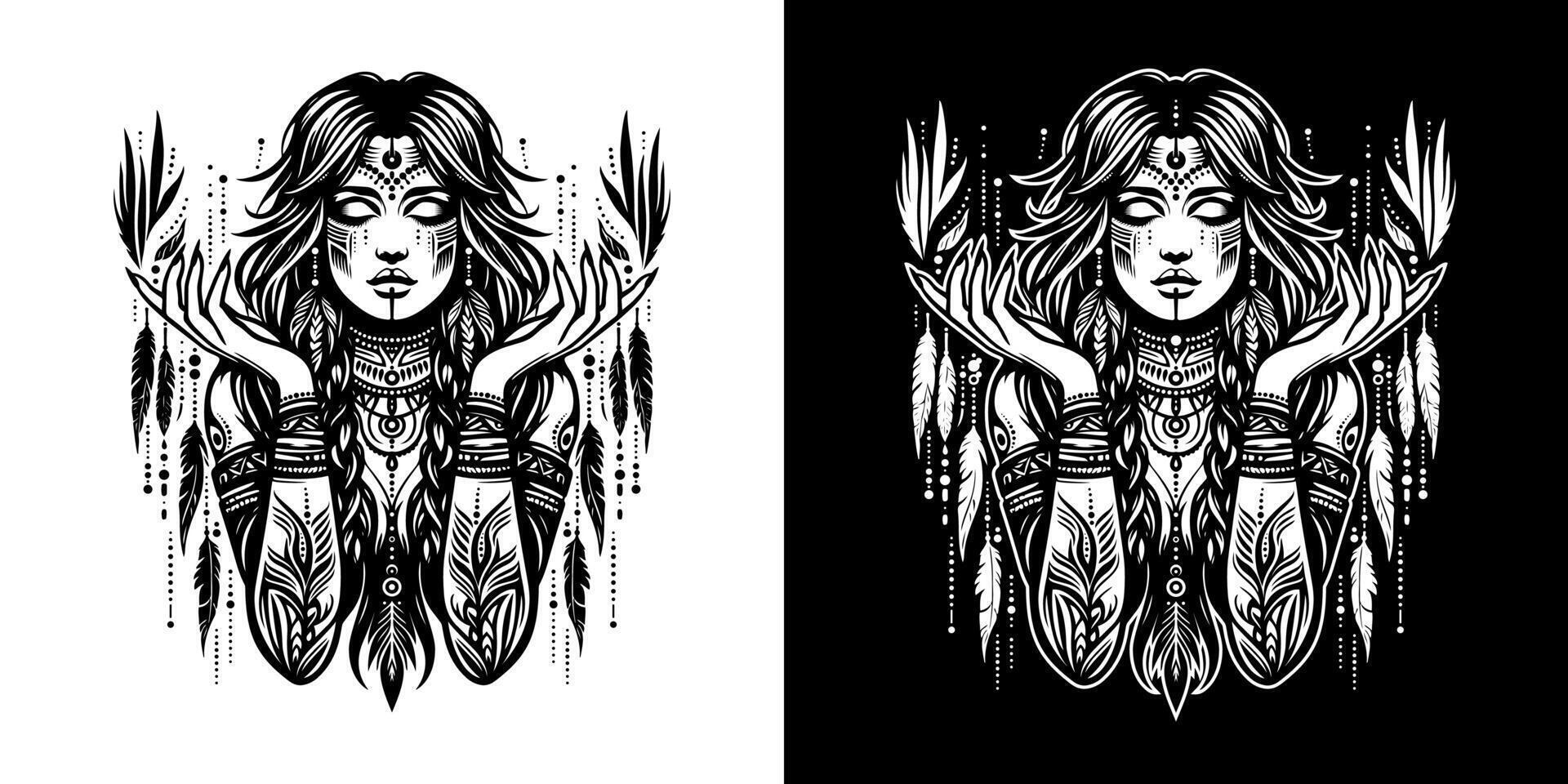 retrato de un hermosa chamán mujer con plumas en aislado antecedentes para tatuaje, t camisa, vestir diseño. negro y blanco tribal místico ilustración vector