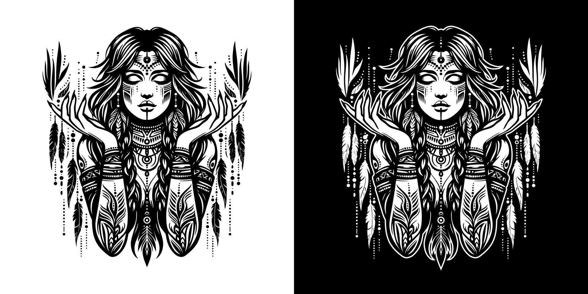 Portrait of a beautiful Shaman Woman with feathers on isolated background for tattoo, t shirt, apparel design. Black and white tribal mystic Illustration vector