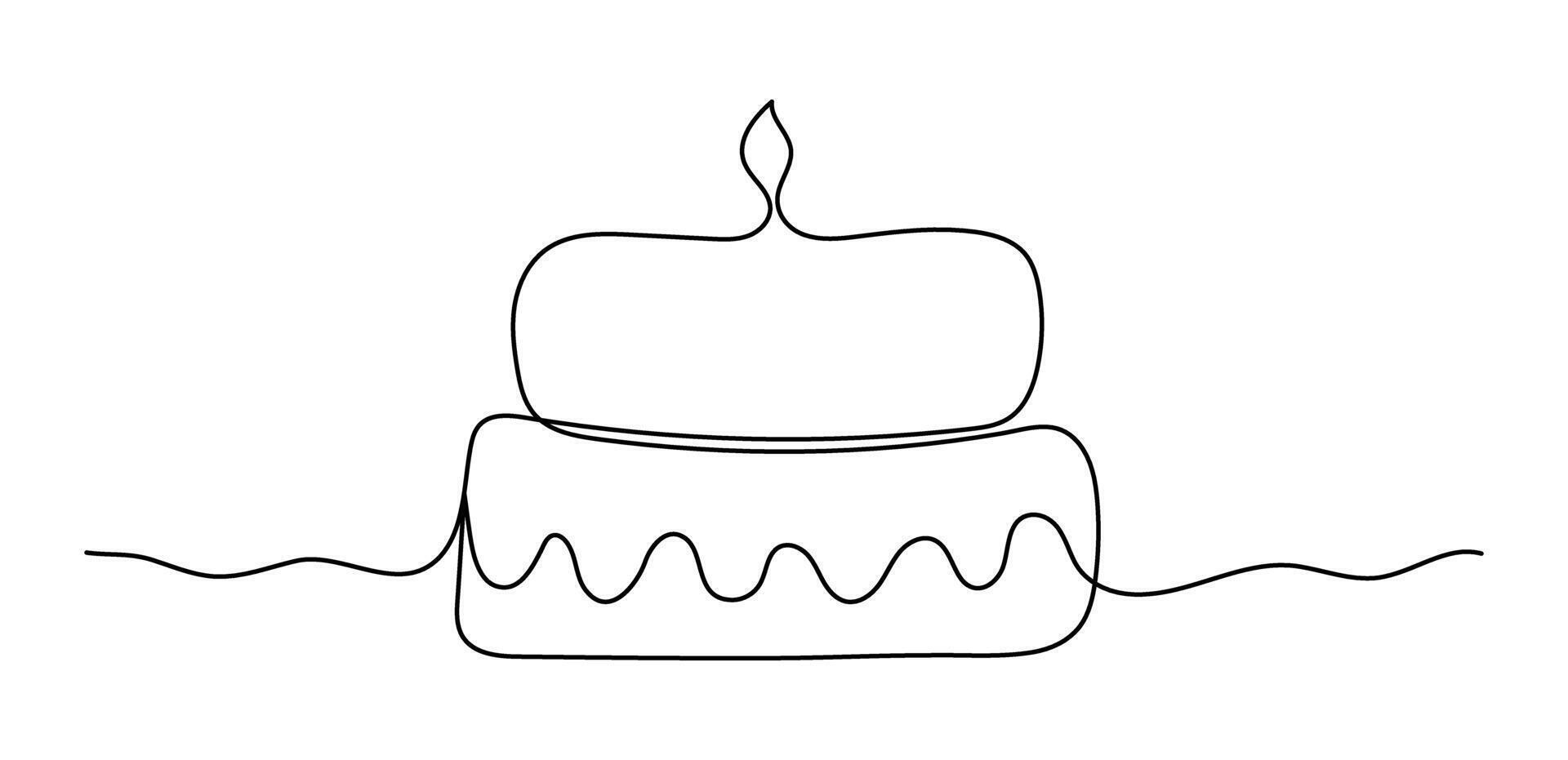 Birthday cake with candle in one line art. Symbol of celebration. Black Continuous editable stroke isolated on white background. Hand drawn illustration vector