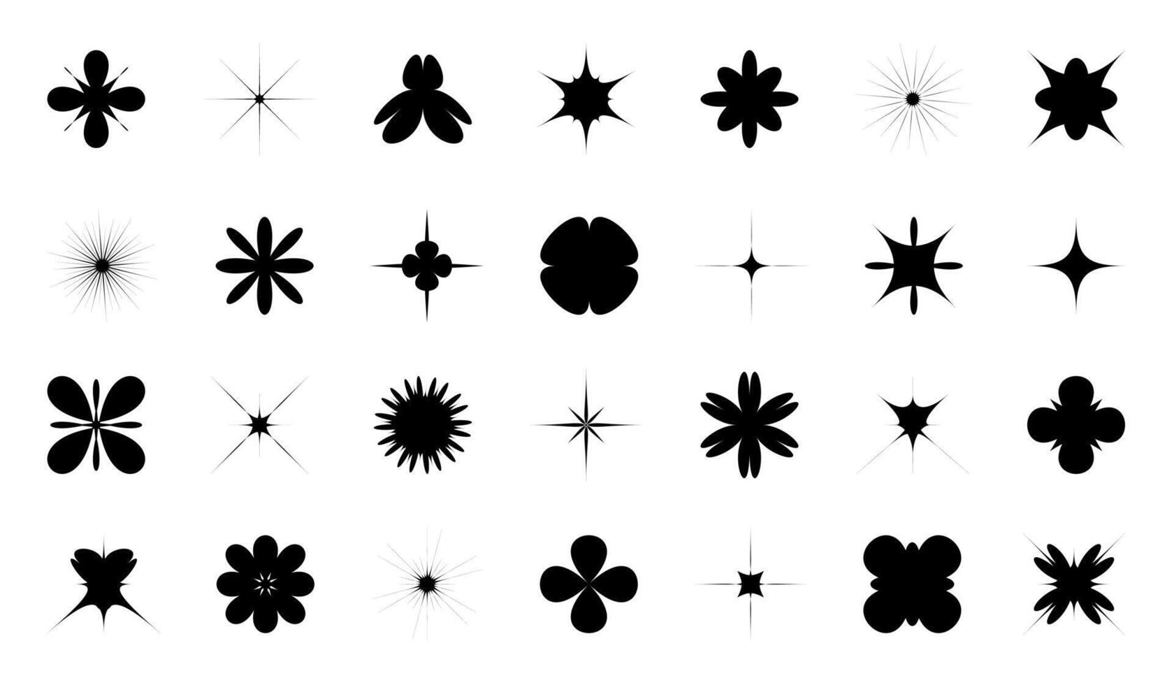 Retro y2k futuristic sparkle star flowers icons collection. Set of geometric brutalist shapes. Abstract modern black silhouettes of figures. Templates for design, posters, banners and business cards vector