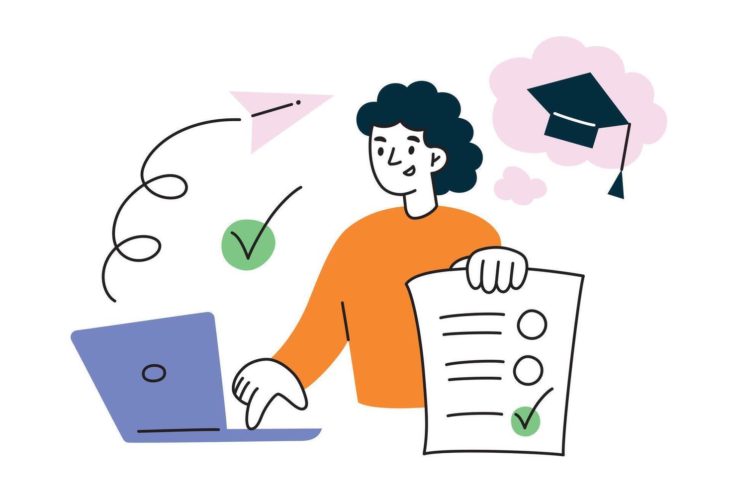 Student passing online test, apply to college composition, girl sending application form to university, exam composition, doodle icon of graduation hat, illustration of person working on laptop vector