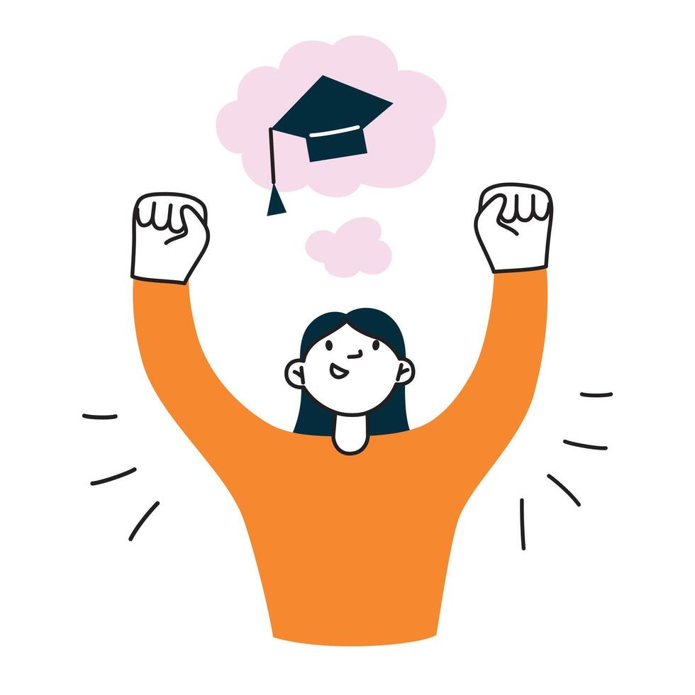 Girl celebrating graduation from college, dreaming of graduate cap, academic success composition, illustration of cartoon character getting a degree, mortarboard icon, winning scholarship vector