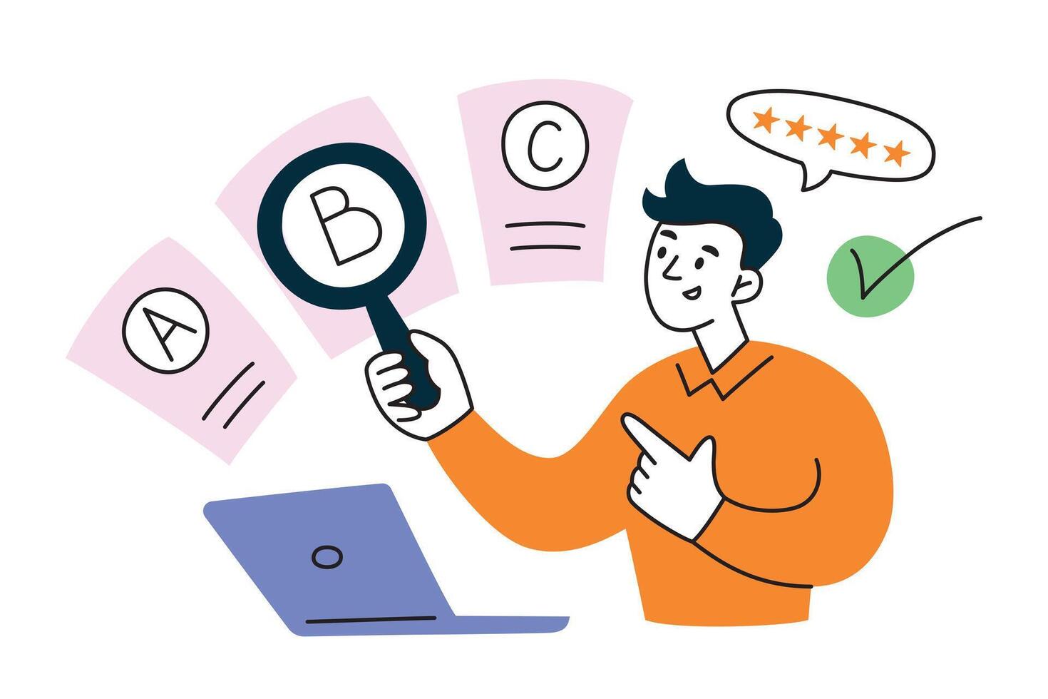 Person making a choice at work, choosing correct answer, passing test on laptop, online exam composition, cartoon man with computer, illustration of questionnaire on internet, distant education vector