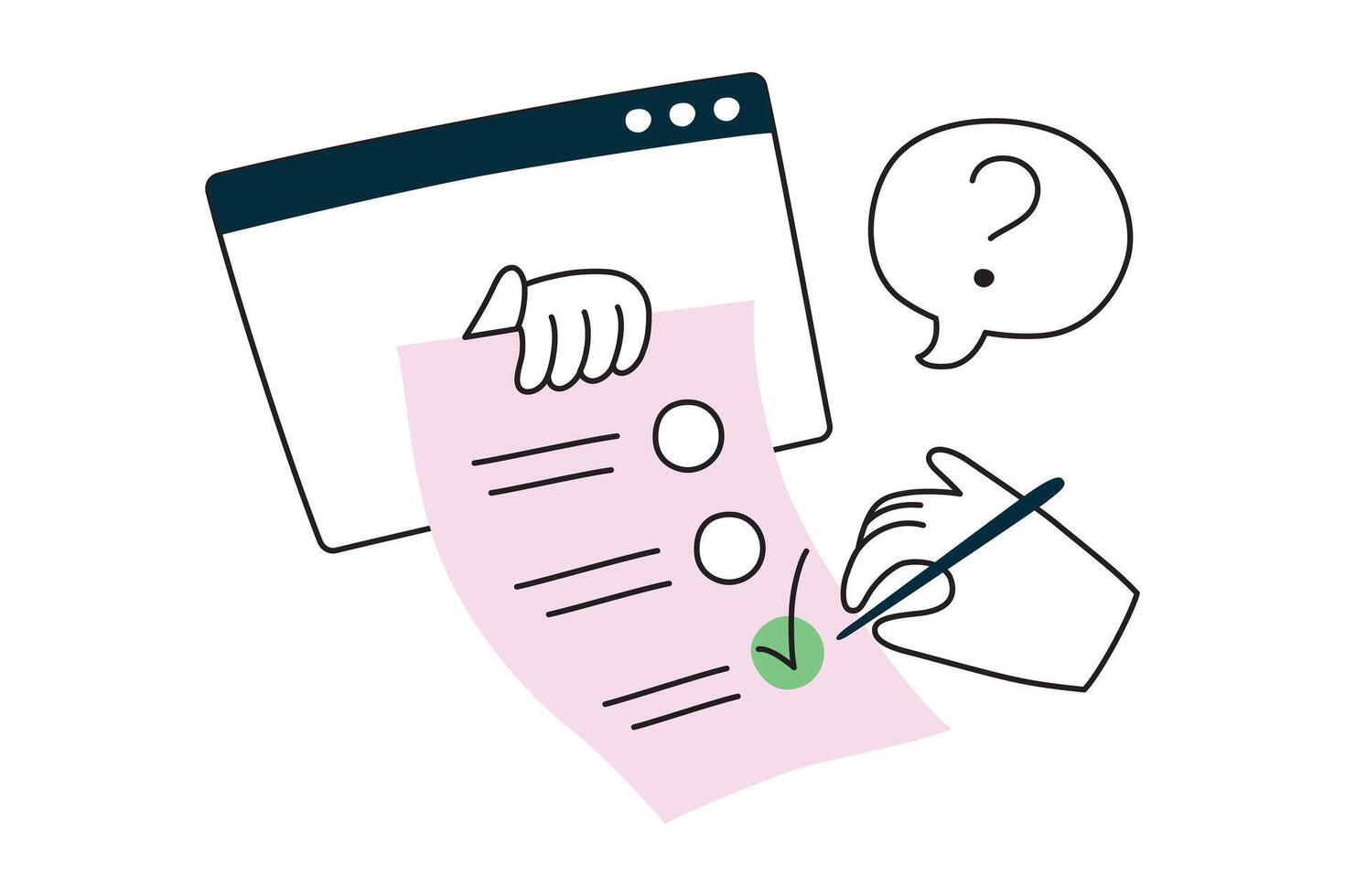 Online test composition, computer screen with hand holding paper, checkmarks icons, illustration of choosing right answer, exam on internet, school or college education, marking correct answer vector