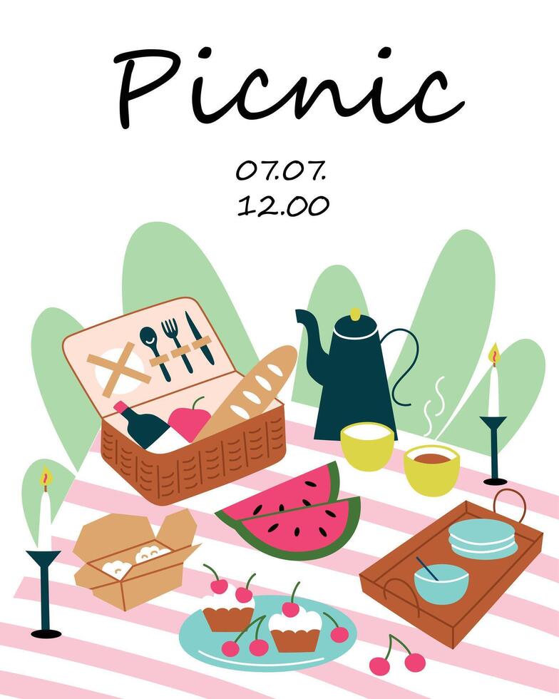 Picnic invitation card, cartoon composition with blanket and wicker basket, postcard template with copy space, arrangement with picnic food, wine, fruit, summer banner, glamping concept vector