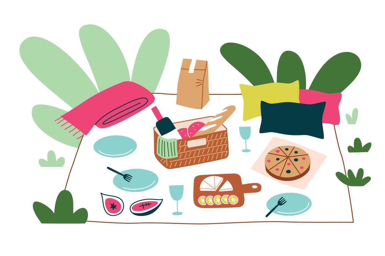 picnic cobija con alimento, ilustración de verano almuerzo afuera, mimbre cesta con vino y fruta, mano dibujado composición, disfrutando comida al aire libre, comiendo en parque a primavera vector