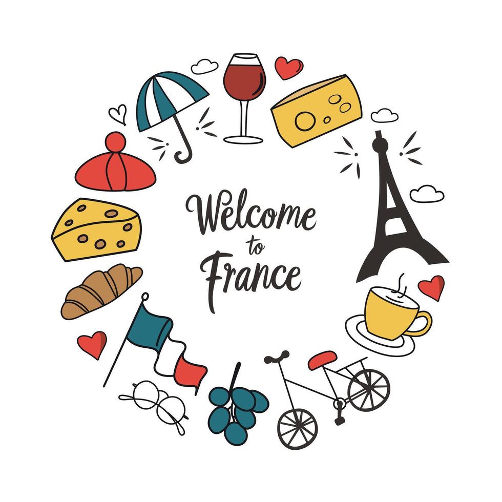 Welcome to France card, arrangement with croissant, Eifel tower, doodle icons of French symbols, layout of illustrations for print, poster or banner, template with lettering, Paris postcard vector