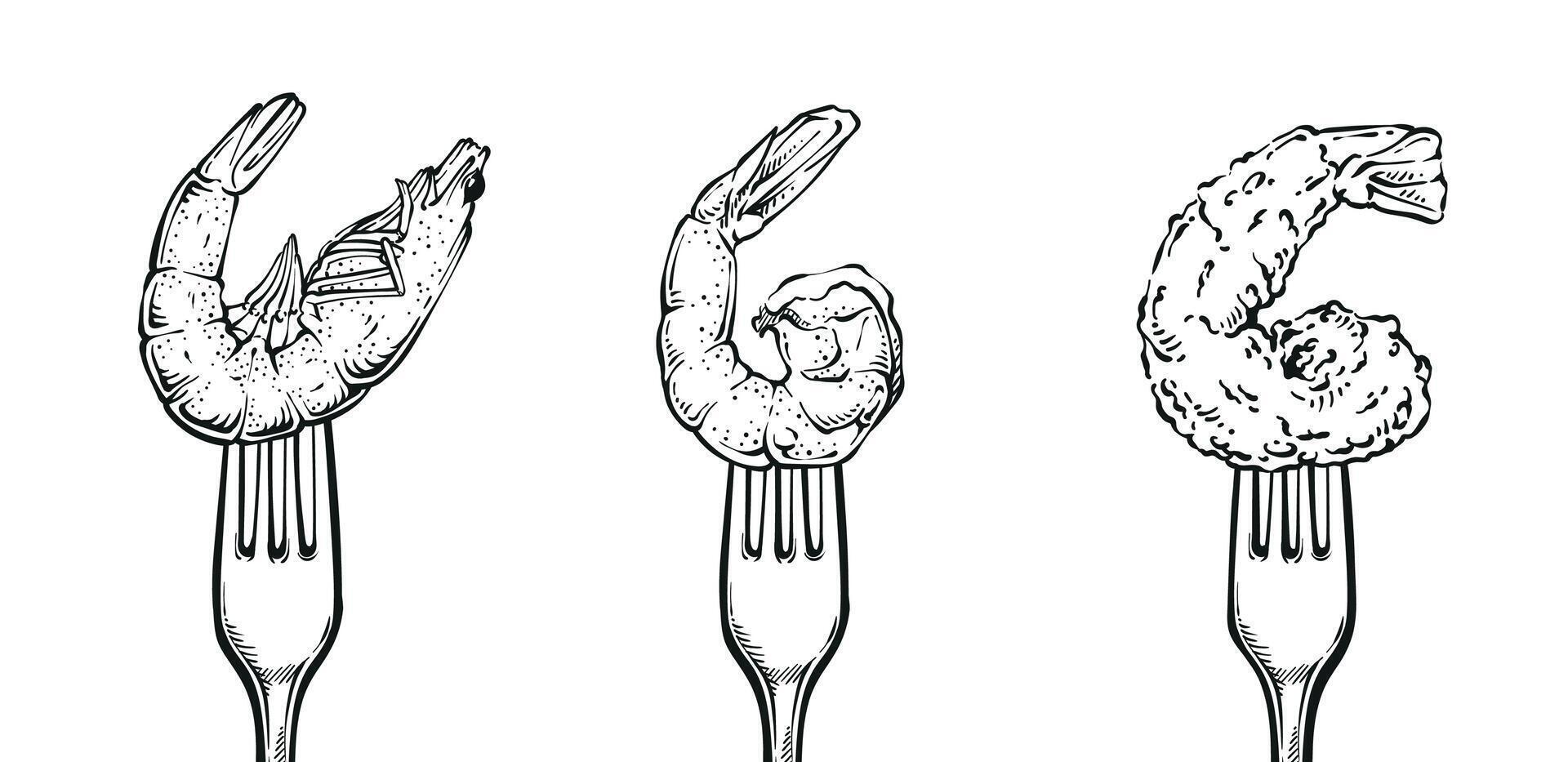 tenedor con camarón comida cerca arriba mano dibujado ilustración conjunto diseño vector