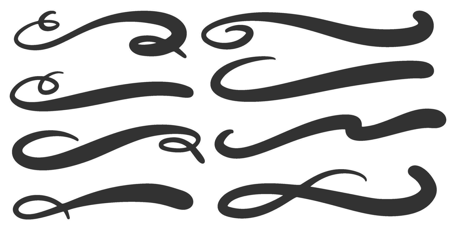 Swoosh lines. Hand drawn swash and swish strokes with swirl tail. Calligraphy squiggle waves. Doodle decorative marker flourish. vector