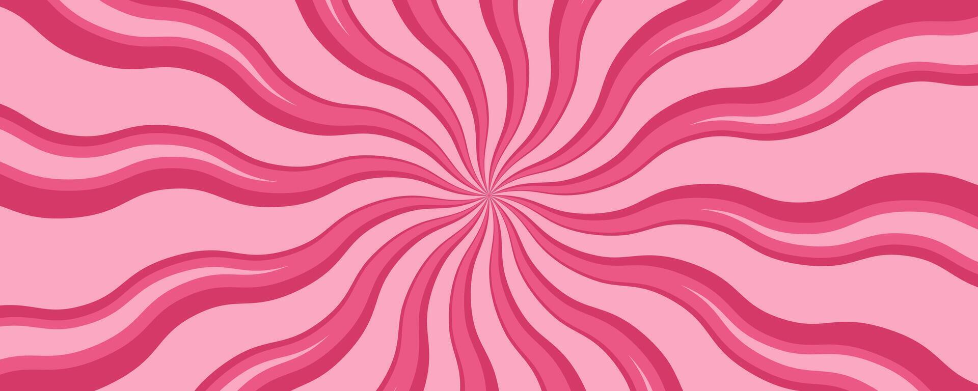 Spiral pink candy background with swirl pattern. Strawberry cream cartoon wallpaper. Sweets marshmallow and lollipop abstract twist backdrop. Sunburst psychedelic groovy stripes. vector