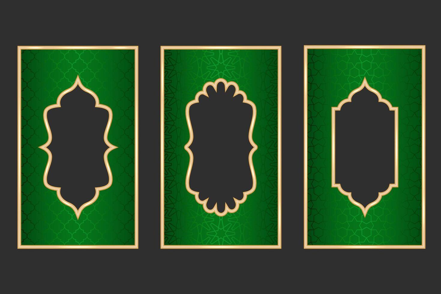 Ramadan Islamic arch frame with ornament. Muslim traditional door illustration for wedding invitation post and templates. Golden and green frames in oriental style. Persian windows shapes set. vector