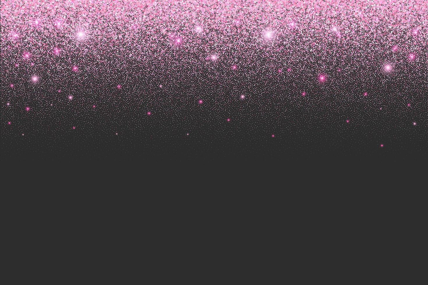 Pink glitter background with rose sparkles and confetti. Falling sequins shimmer textured effect. Shiny dust with bright particles on black backdrop. Abstract decoration, holiday design border vector