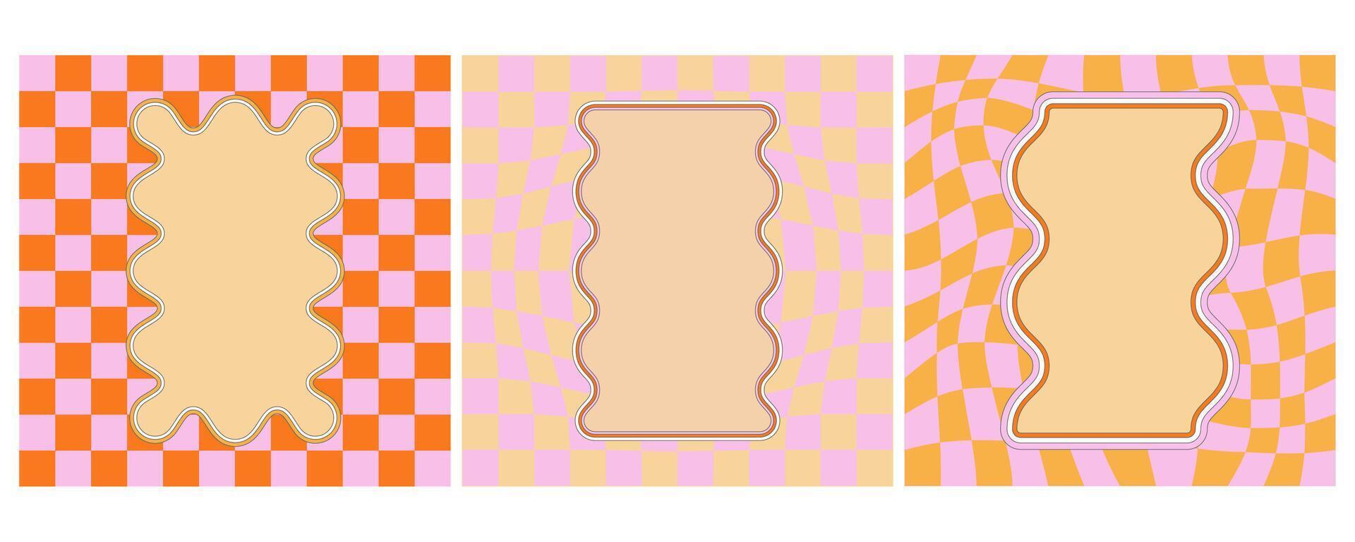 Groovy frames with wavy border on checkered background. Rectangle Y2k scallop shapes with square psychedelic pattern and box for text. Cute 90s design funky trendy template. vector