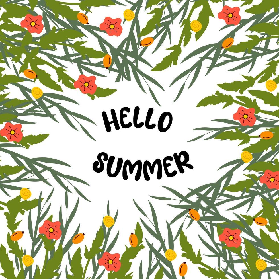 verano bandera con flores y hojas. el inscripción Hola verano vector
