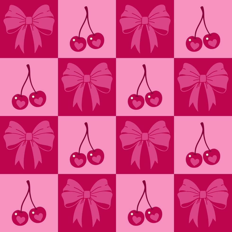 sin costura a cuadros rosado modelo con cerezas y arcos gráficos. vector