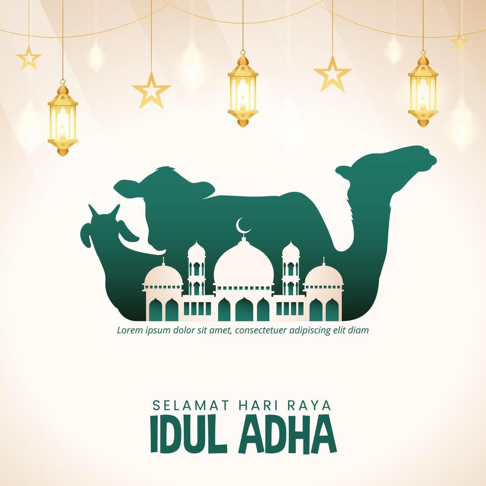 Selamat Hari Raya Idul Adha or Happy Eid Al Adha with animal silhouette vector