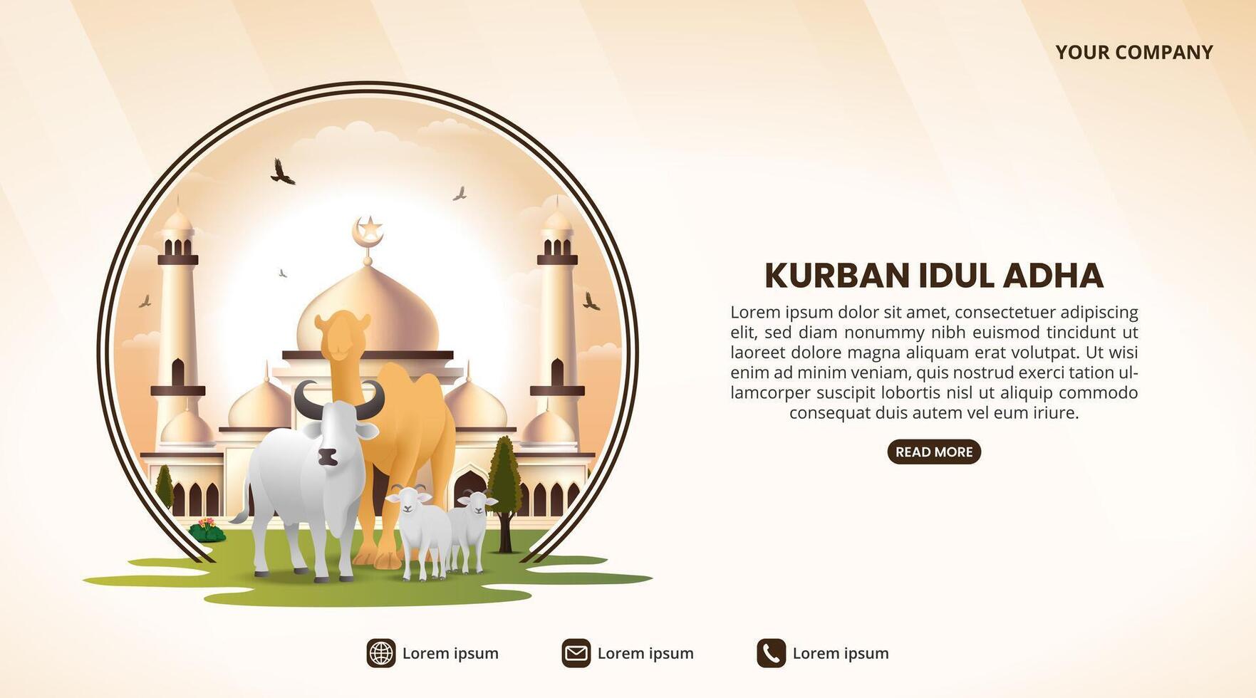 Idul Adha Sacrifice or Eid Al Adha Sacrifice background with animals and mosque vector
