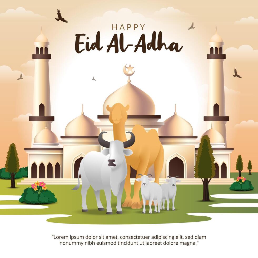 Happy Eid Al Adha with animals and a mosque vector
