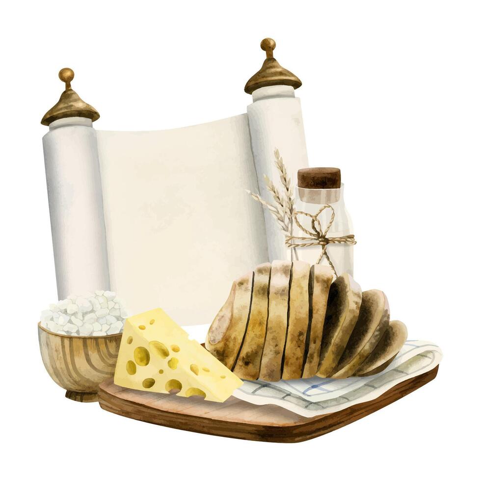 acuarela shavuot saludo tarjeta modelo con tradicional símbolos alimento, blanco Tora Desplazarse, queso, pan, leche. trigo vector