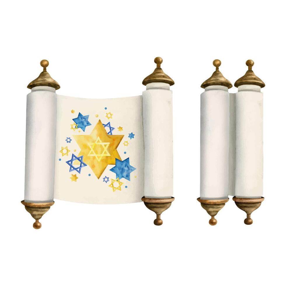 Watercolor open and closed Torah scrolls with yellow blue stars of David illustration set for Jewish designs vector
