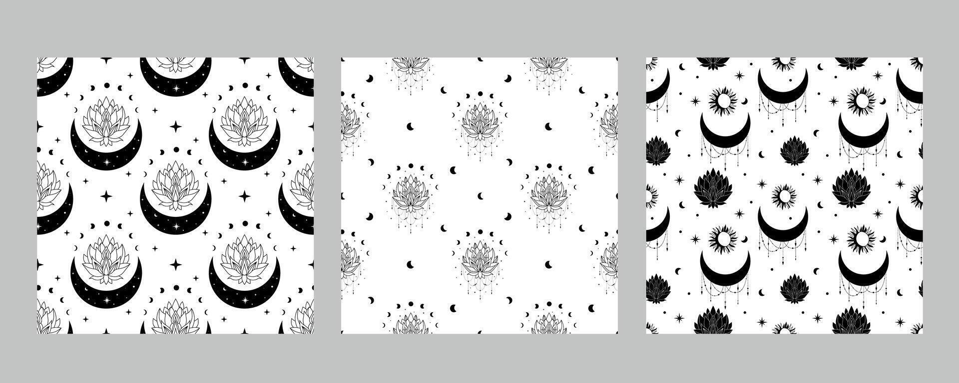 Seamless celestial pattern with crescent moon and sun and stars. Boho magic background vector