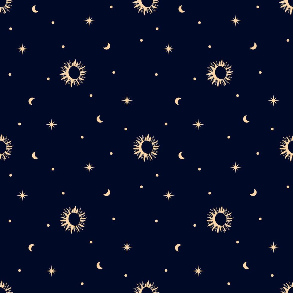 Seamless celestial pattern with crescent moon and sun and stars. Boho magic background vector