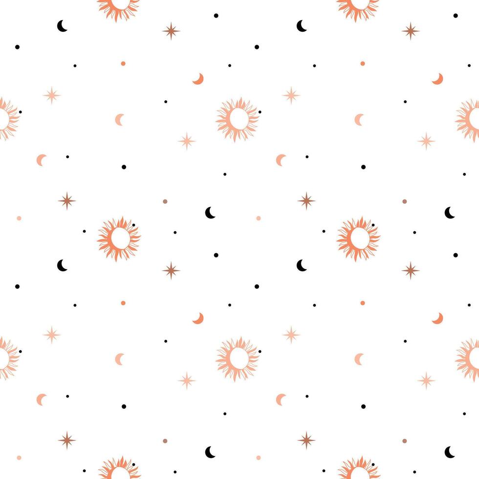 Seamless celestial pattern with crescent moon and sun and stars. Boho magic background vector