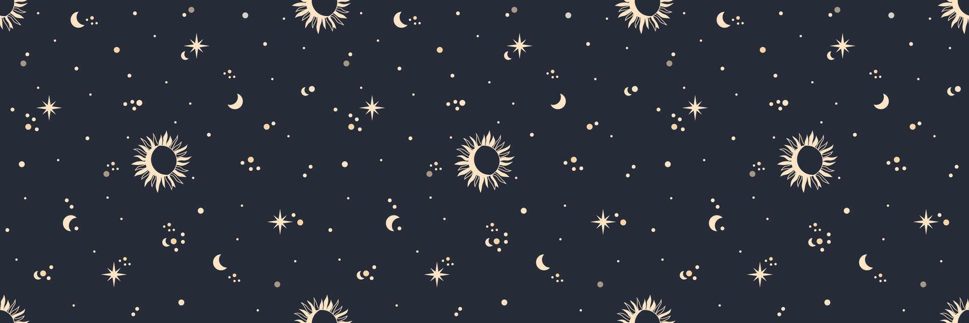 Seamless celestial pattern with crescent moon and sun and stars. Boho magic background vector