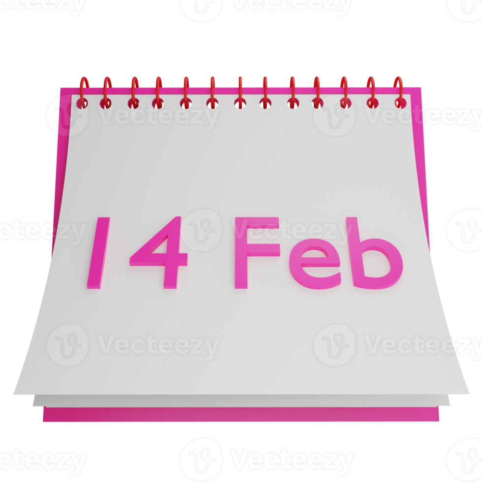 14 Feb on calendar clipart flat design icon isolated on transparent background, 3D render Valentine concept png