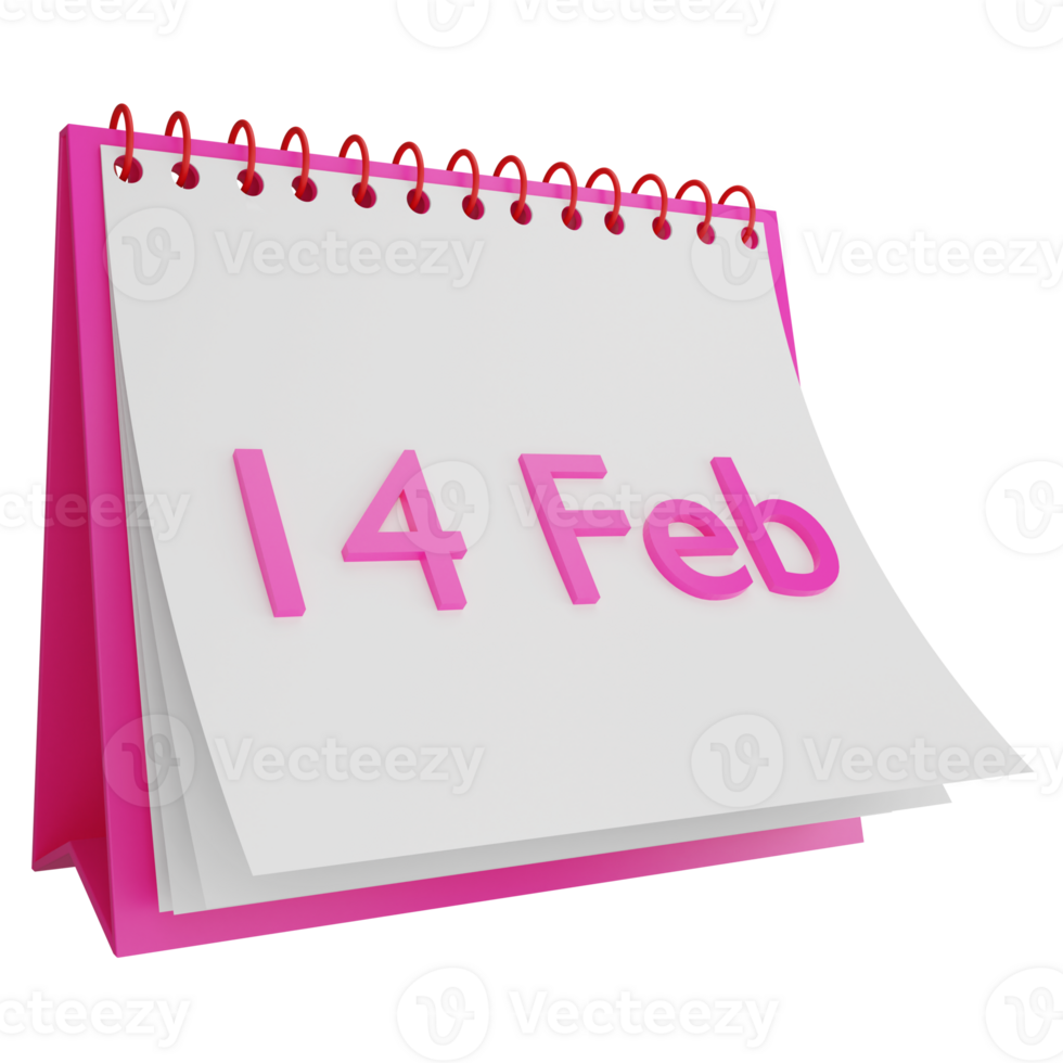 14 Feb on calendar clipart flat design icon isolated on transparent background, 3D render Valentine concept png