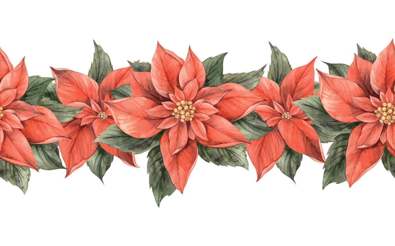 Poinsettia, Christmas red flower with green leaves. Seamless watercolor botanical border in vintage style on isolated background. Drawing for invitations, banners, cards, wrapping paper, decor vector