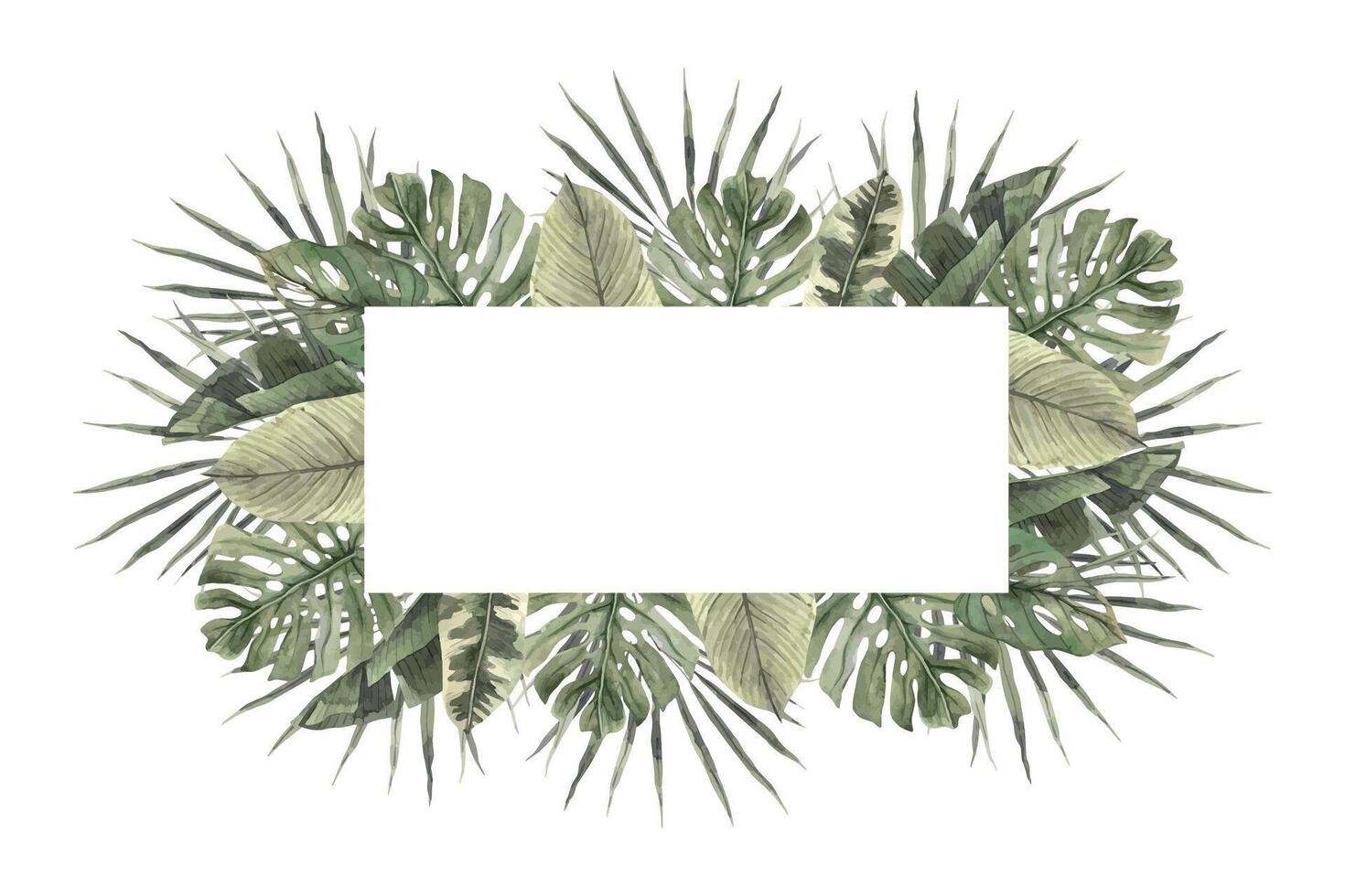 Rectangular frame of tropical leaves, fan palm, monstera, strelitzia. Hand drawn watercolor frame on isolated background. Botanical illustration for design of invitations, cards, weddings and holidays vector