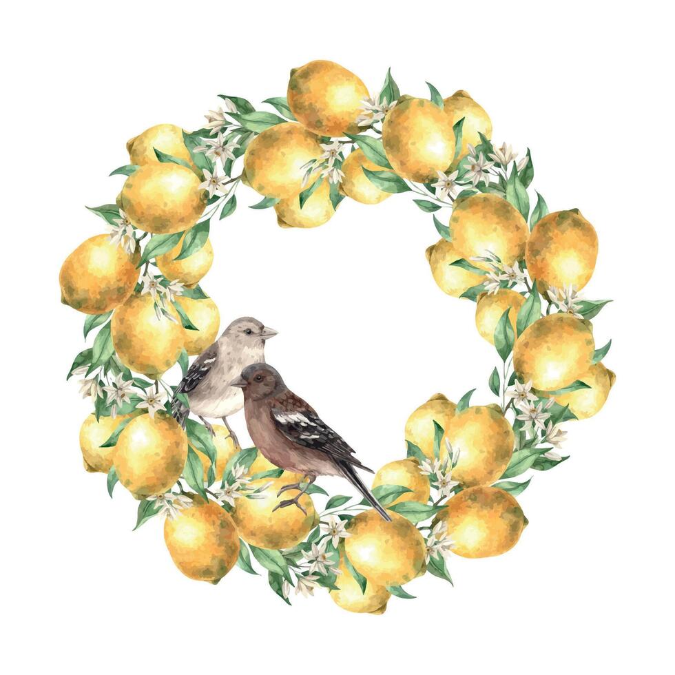 Wreath of yellow lemons with green leaves and brown birds. Isolated watercolor illustration in realistic style. Handmade composition for decoration of cards, wedding design, invitations, textiles. vector